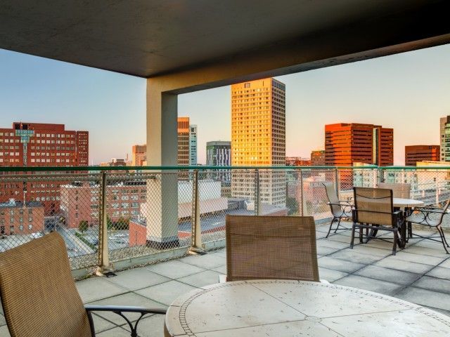 Rooftop terrace at 100 Memorial Drive.