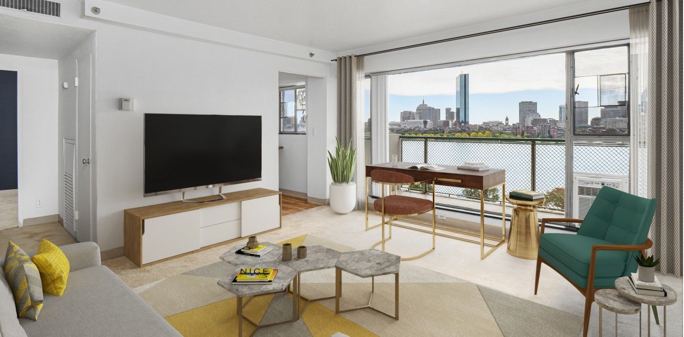 Living room at 100 Memorial Drive.