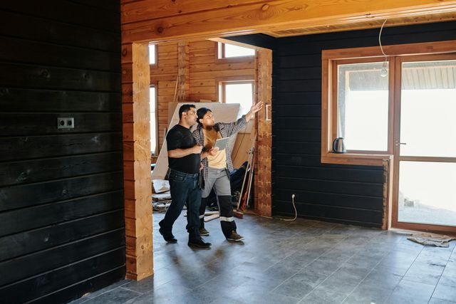 Two people inside a building, one pointing toward a window. Dark wood walls.
