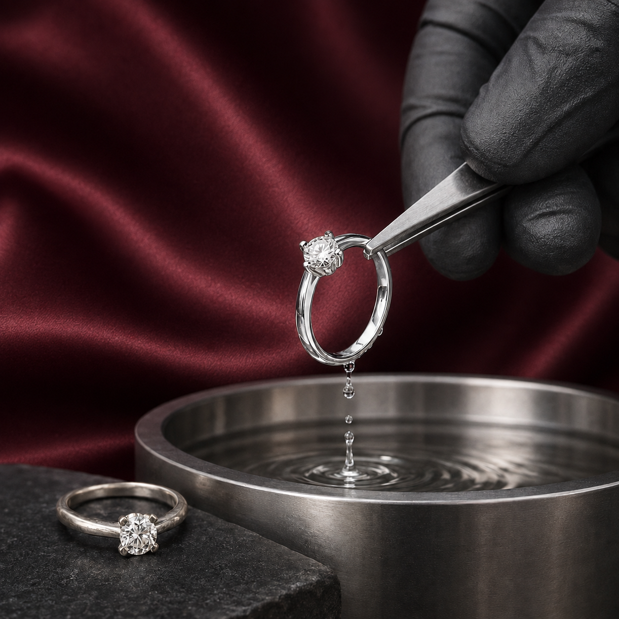 Two rings on a white lace surface, one silver ring with a blue gemstone and one plain band