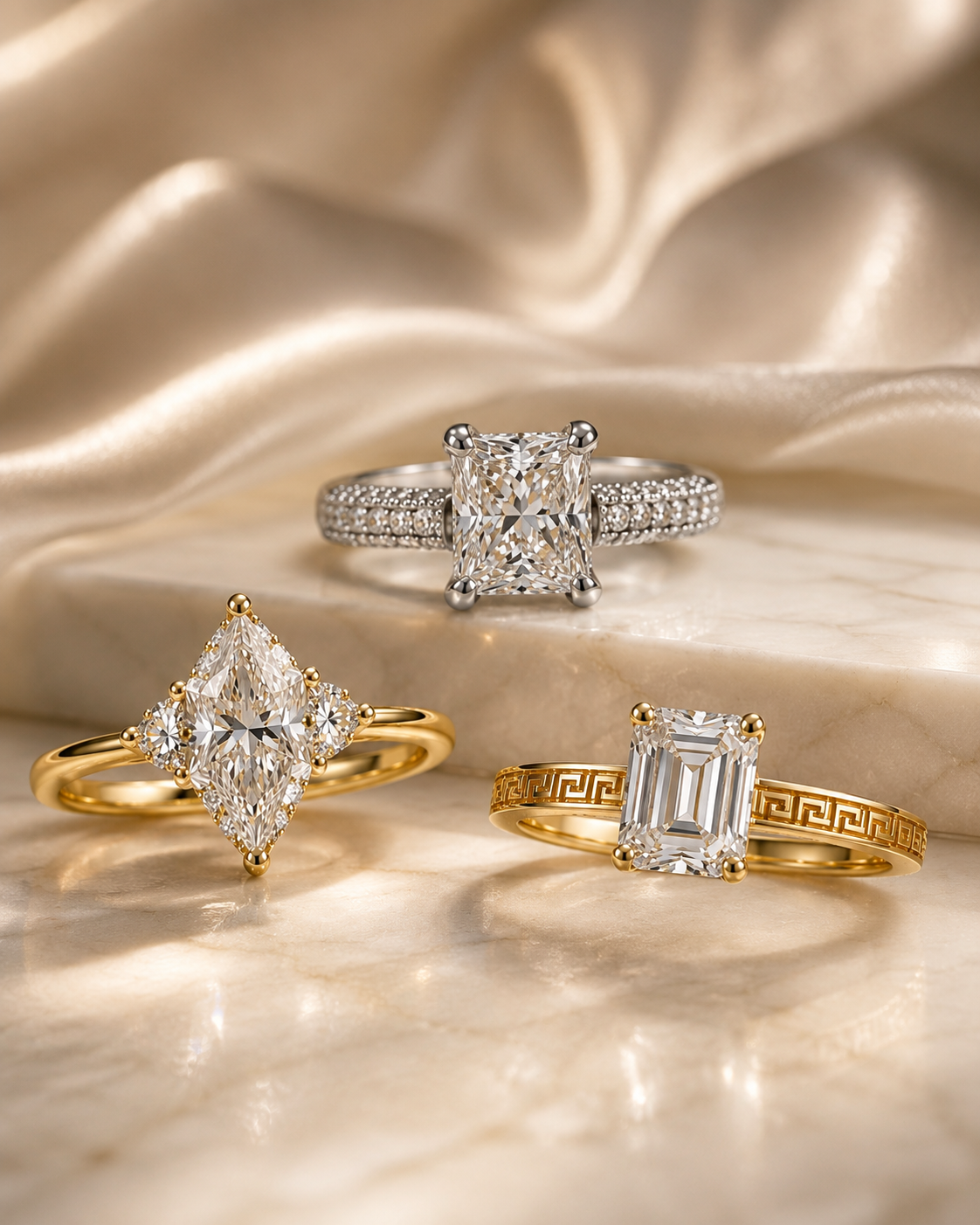 Three gold and silver wedding rings on a white surface, one ring standing upright