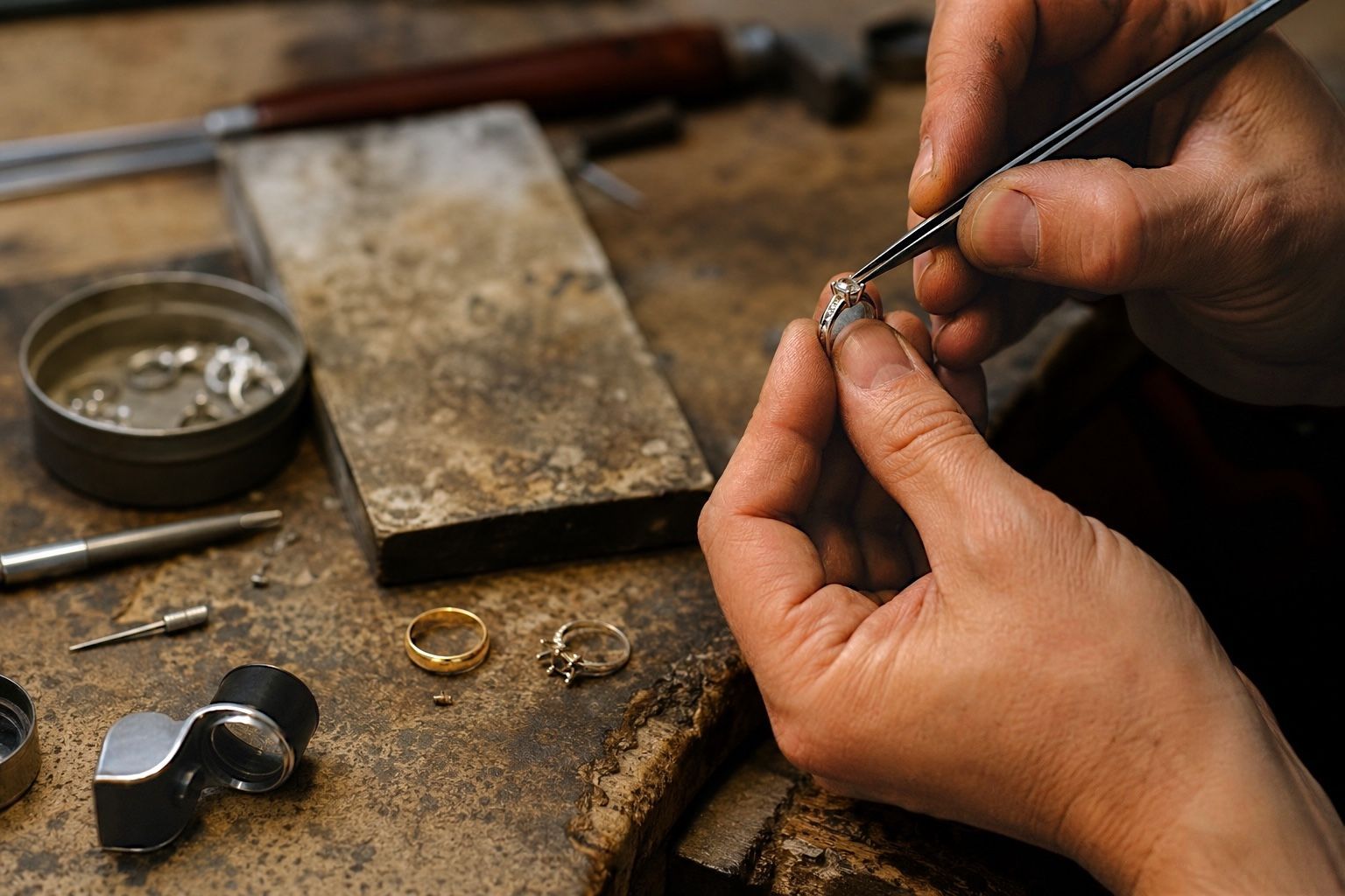 Hands crafting a small ring at a jeweler’s workbench with tools and metal pieces nearby