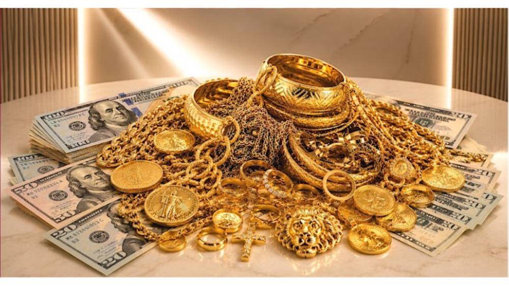 Jewelry display with necklace busts, bracelets, rings, and earrings on a market table
