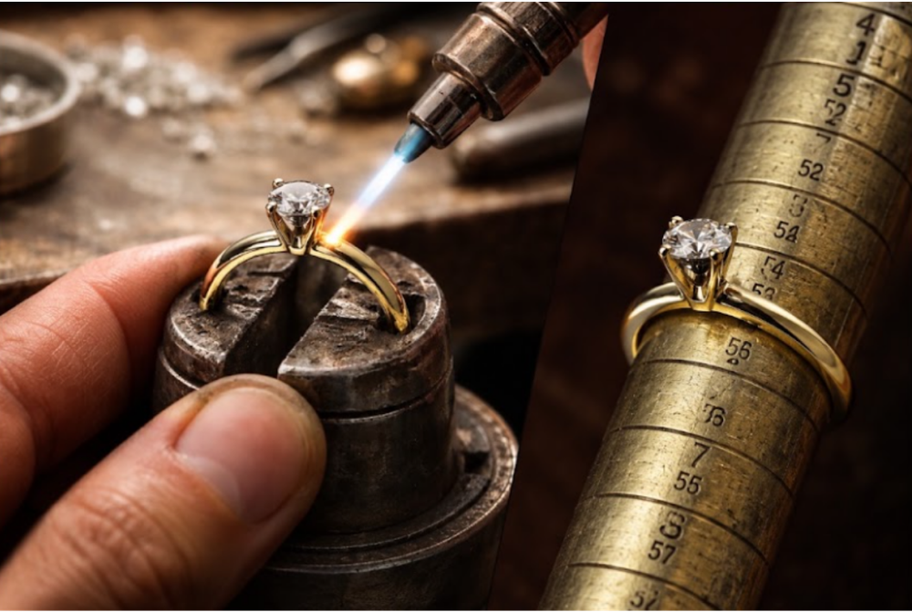 Two gold wedding rings resting on a dark, textured surface