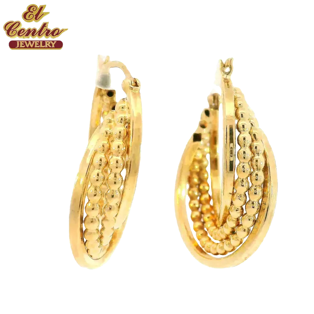 Pair of gold hoop earrings with layered beaded design on a white background