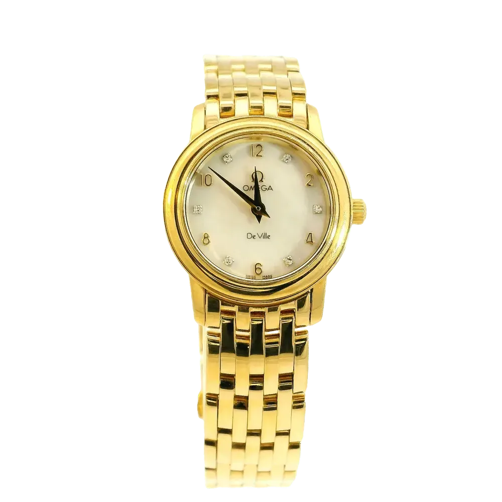 Gold Citizen wristwatch with white face and black band on a dark wooden surface