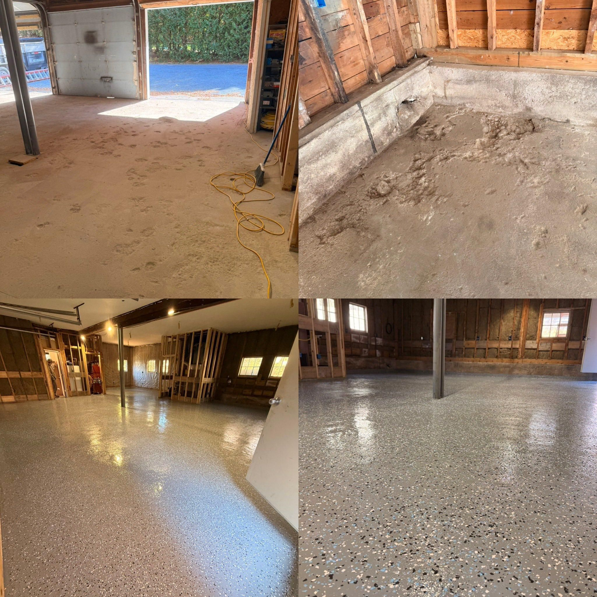 Before and after of a garage floor: dusty concrete beside a glossy speckled epoxy finish.