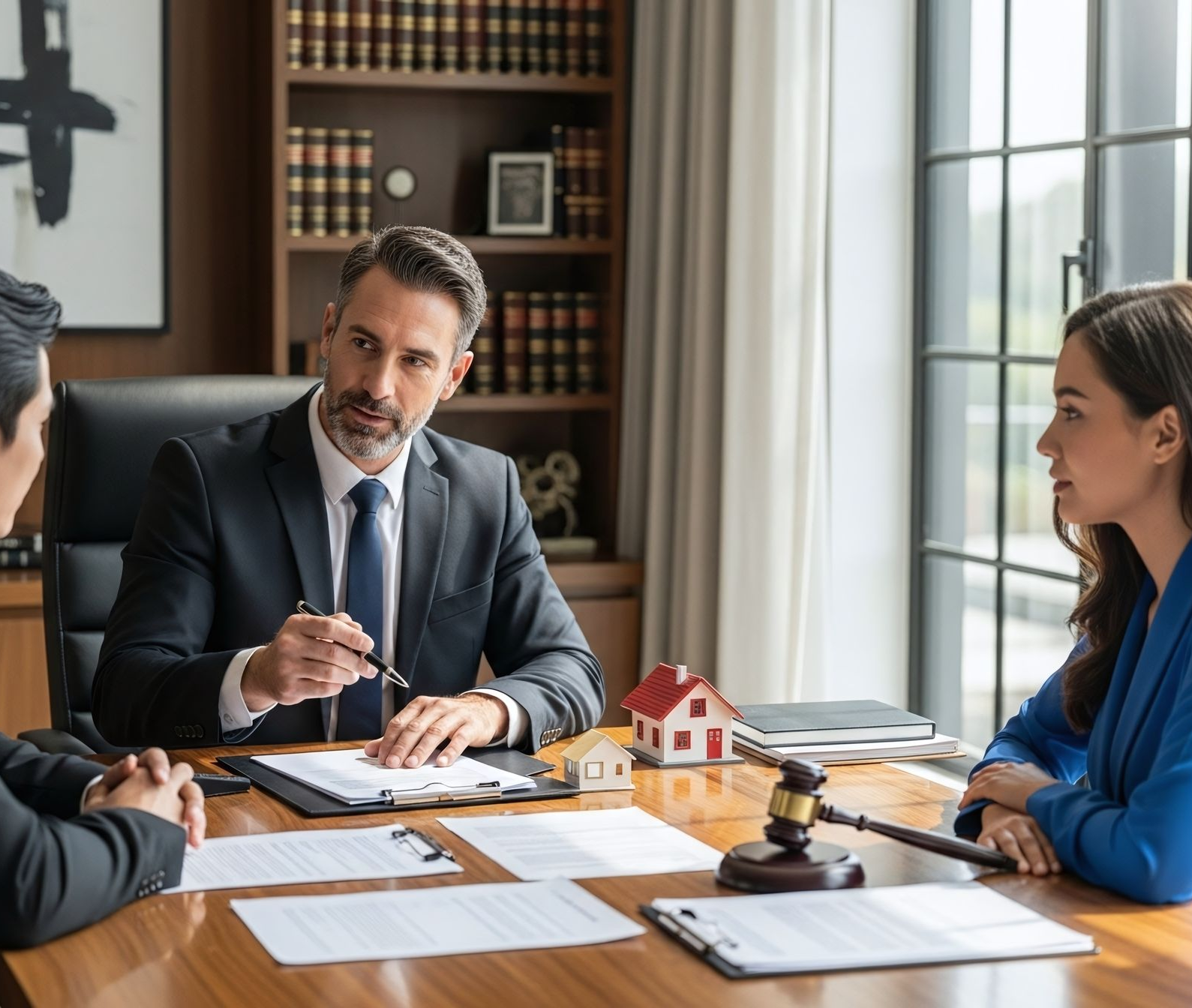 An estate lawyer meeting with a couple in a law office to discuss property and inheritance plans. An estate lawyer meeting with a couple in a law office to discuss property and inheritance plans.