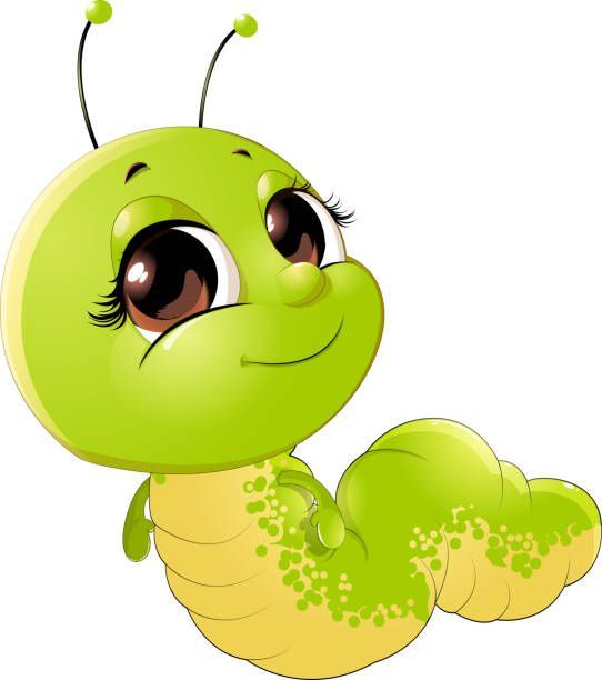 hhh A green and yellow cartoon caterpillar with big eyes is smiling.