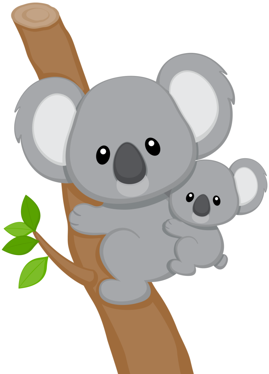 A mother koala is holding her baby koala on a tree branch.