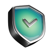 Silver shield with a green center and a check mark, indicating security.