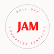 JAM Roll Off Dumpster Rentals logo in a white circle with red text.
