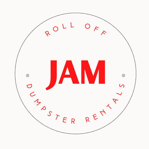 JAM Roll Off Dumpster Rentals logo in a white circle with red text.