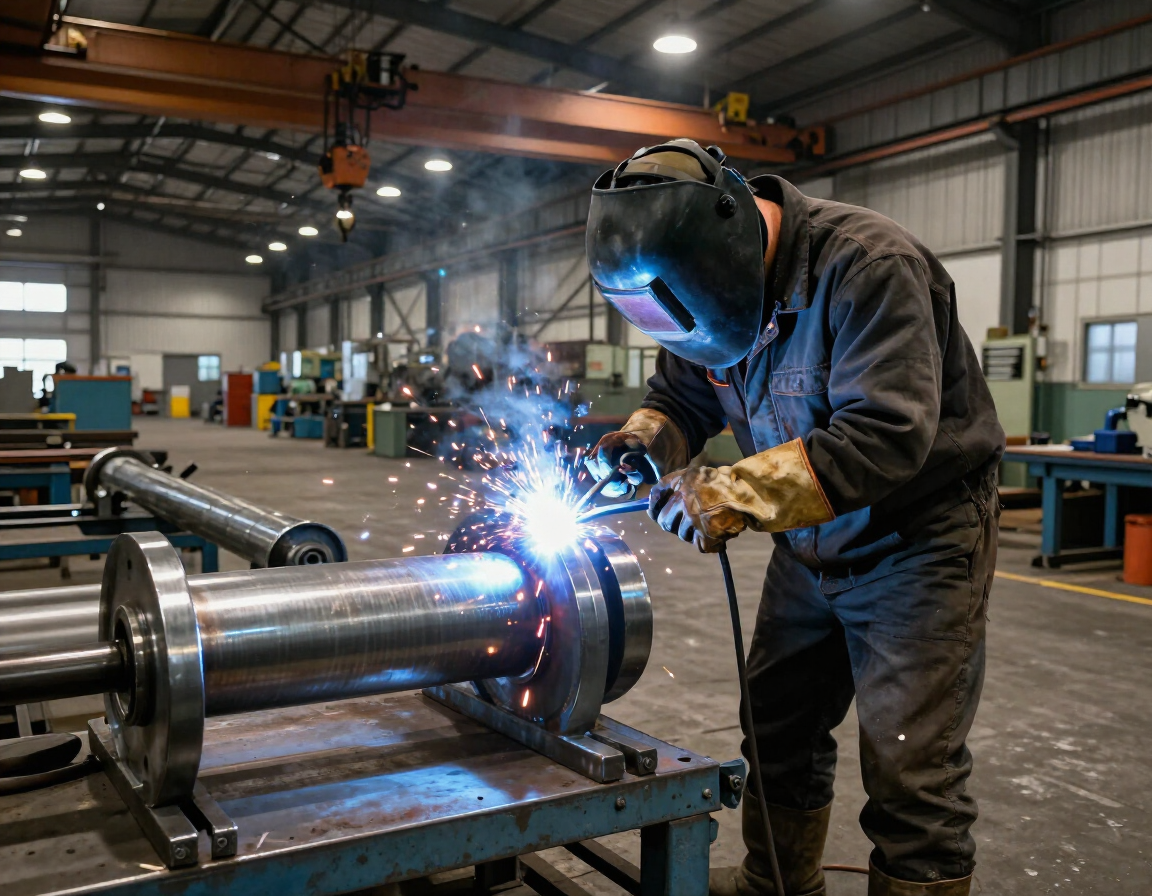 Welder working on a steel pipe spool in a fabrication shop