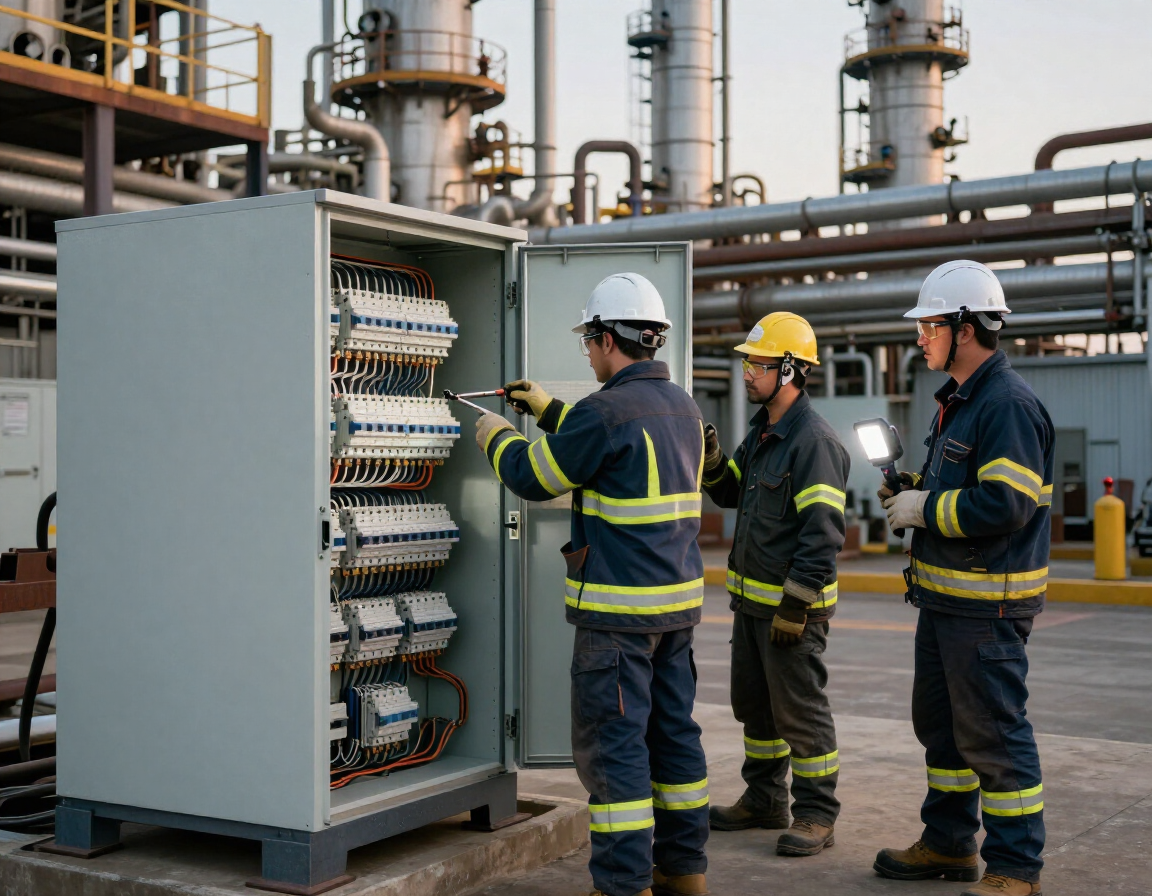 Industrial electrical crew working on switchgear at a refinery