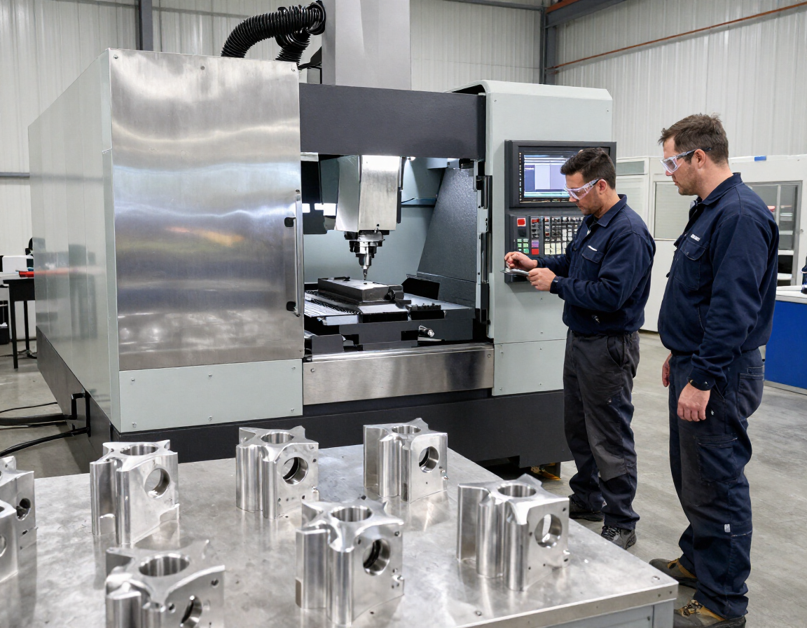 Machinists inspecting a part beside a CNC machining center