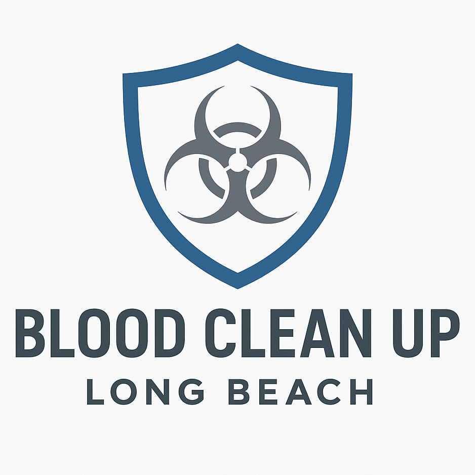 Logo for Blood Clean Up Los Angeles, featuring a blue shield with a biohazard symbol inside.