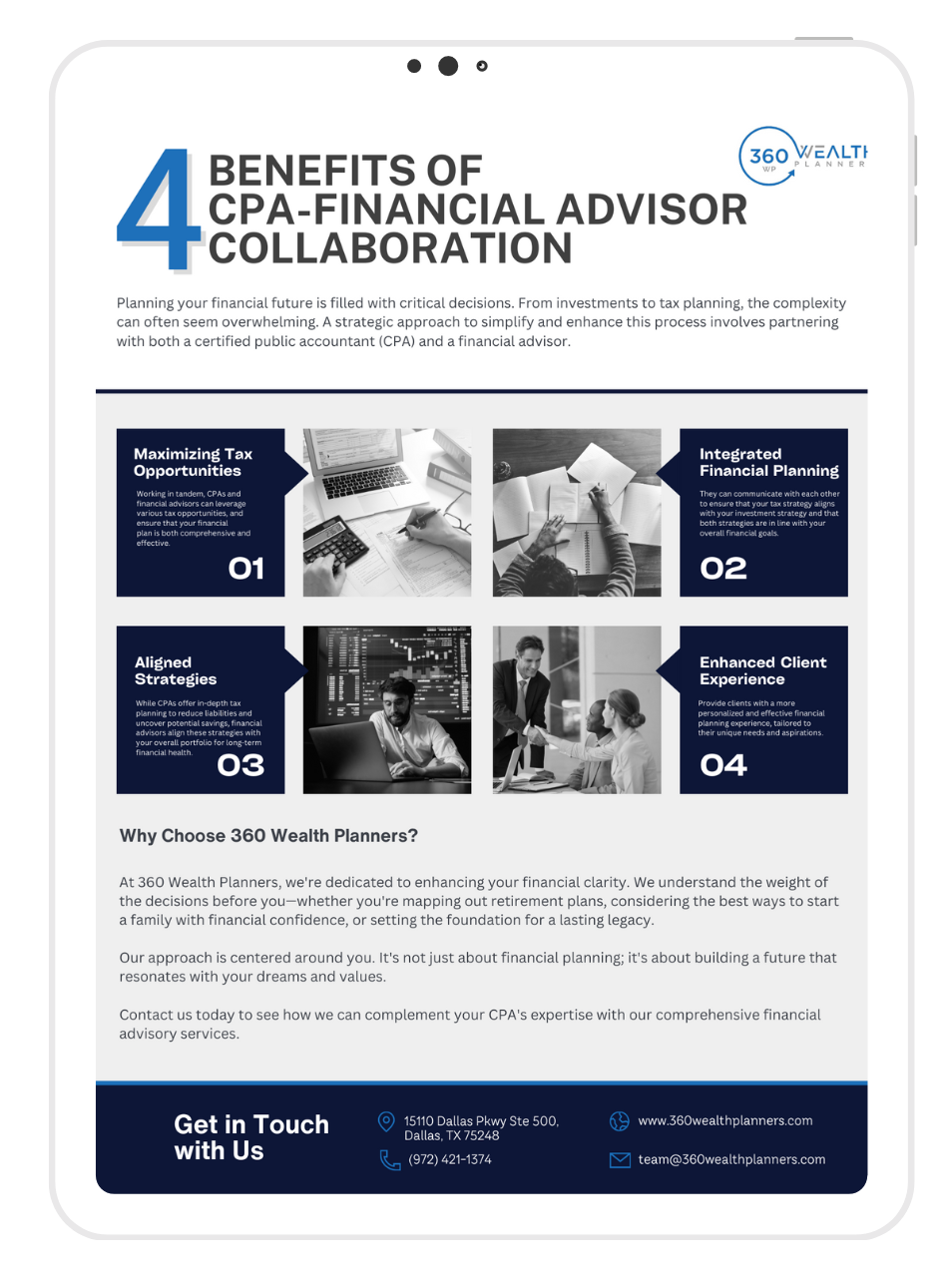 4 benefits of cpa-financial advisor collaboration a tablet with a brochure on it that says ``4 benefits of cpa-financial advisor collaboration '' .
