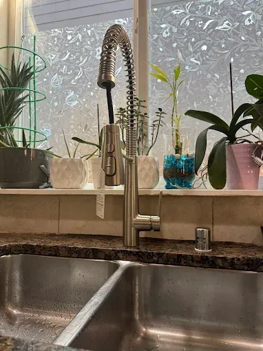 Kitchen sink with pull-down faucet and potted plants on a windowsill above it
