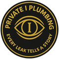 Black and gold Private Plumbing logo with eye emblem and slogan “Every leak tells a story”