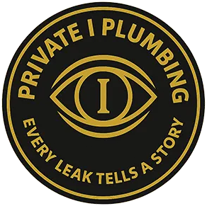 Black and gold Private Plumbing logo with eye emblem and slogan &ldquo;Every leak tells a story&rdquo;