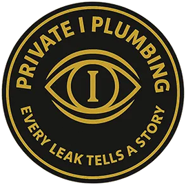 Black and gold Private Plumbing logo with eye emblem and slogan “Every leak tells a story”