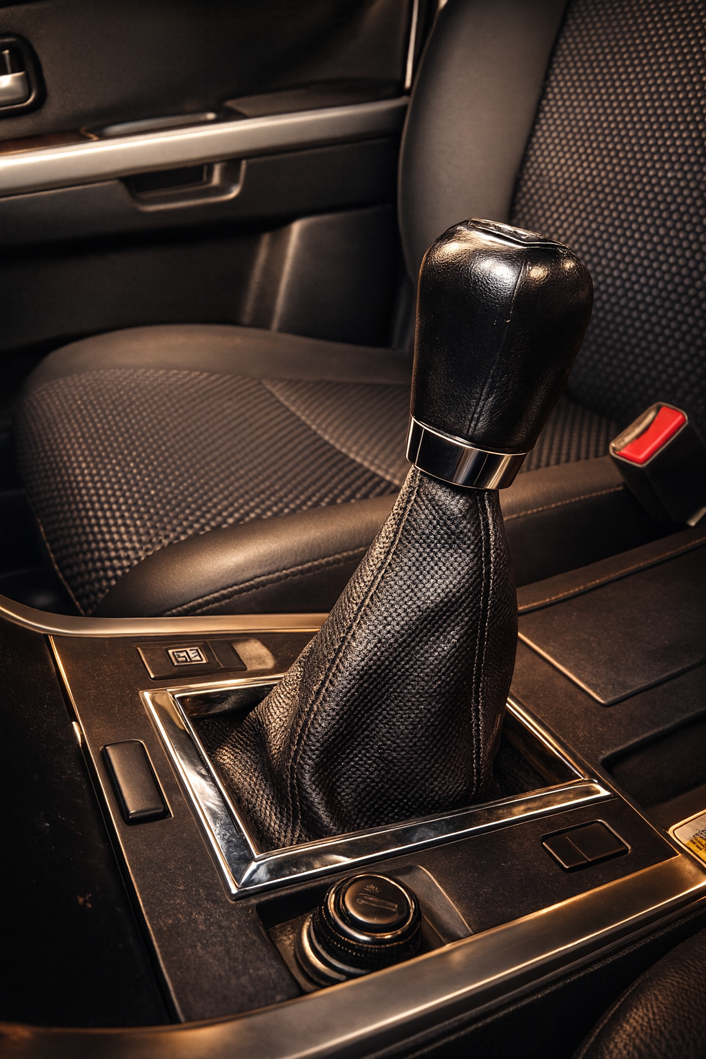 Palanca de cambios manual del coche con funda de cuero negro y pomo en la consola central.