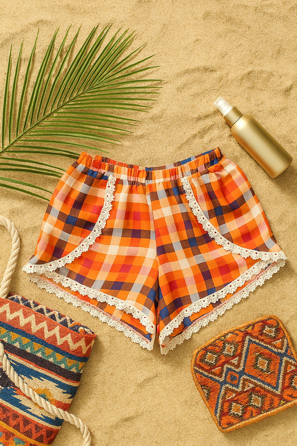 Pantalones cortos de cuadros naranjas con ribete de encaje blanco, combinados con una blusa blanca, con un paisaje playero de fondo.