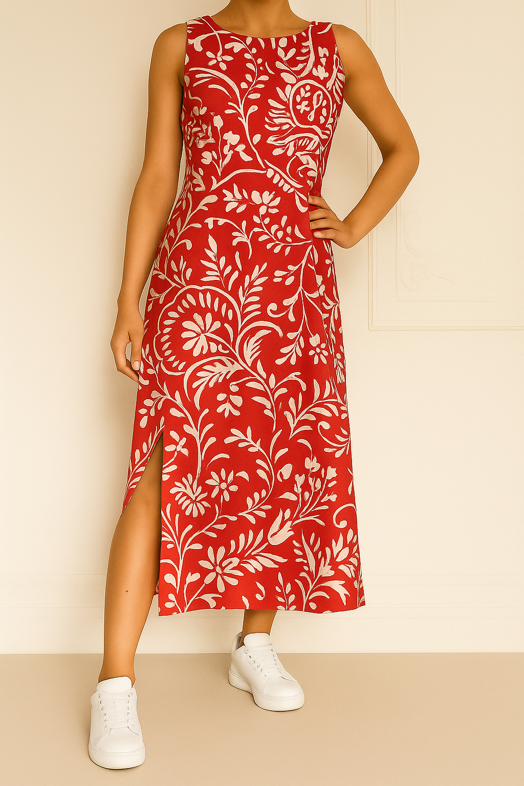 Mujer con vestido rojo sin mangas estampado de flores y zapatillas blancas posando frente a una pared beige.