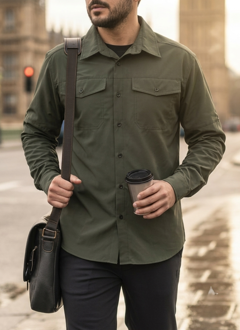 Persona caminando por una calle de la ciudad con un bolso de hombro y una taza de café, vestida con una camisa verde oliva y pantalones oscuros.