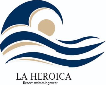 Logotipo de LA HEROICA con olas azules y sol beige, etiquetado como “Ropa de baño para resort”.