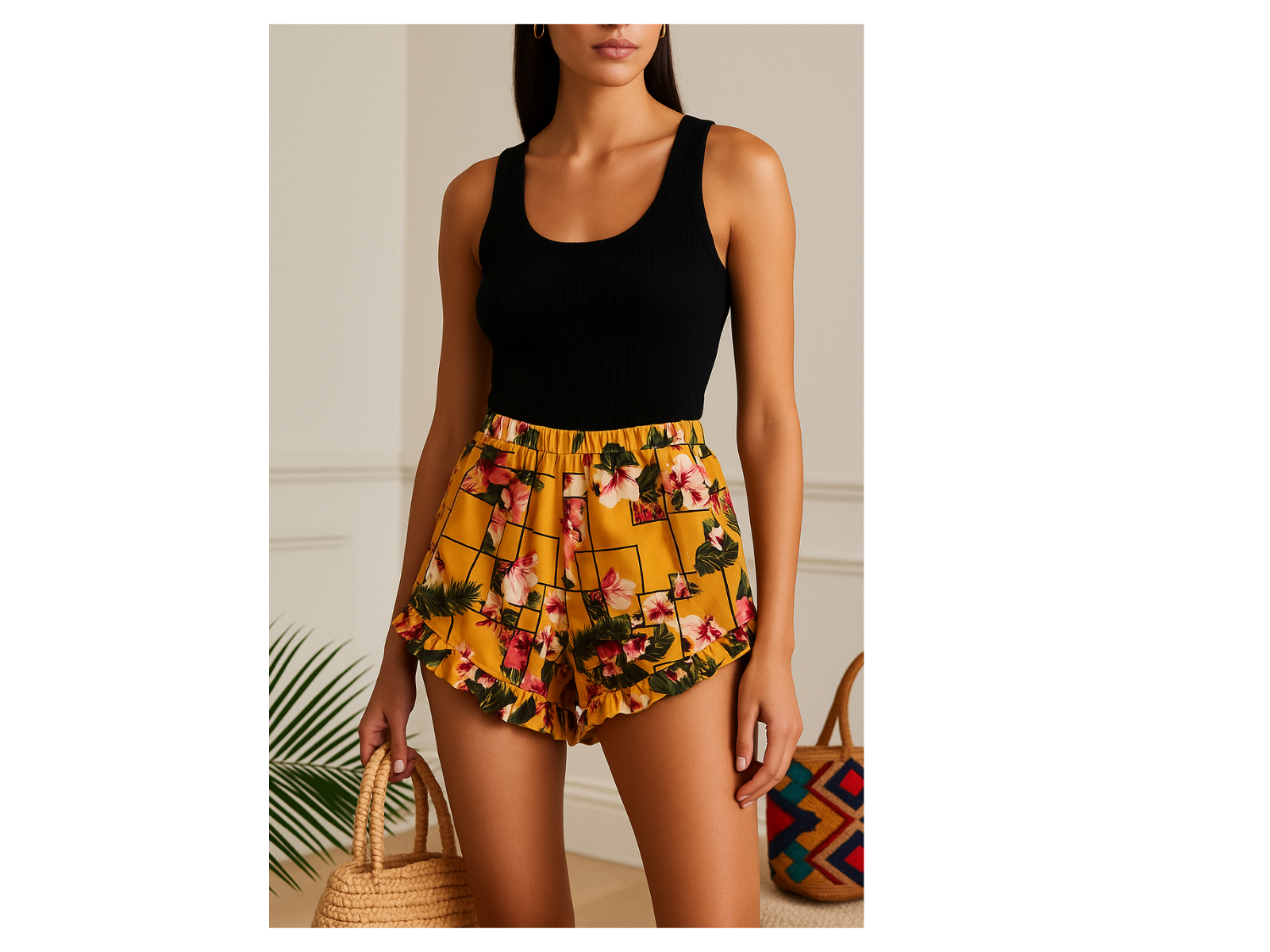 Mujer con camiseta negra de tirantes y pantalones cortos estampados de flores de pie en el interior de un edificio con un bolso de mimbre cerca.