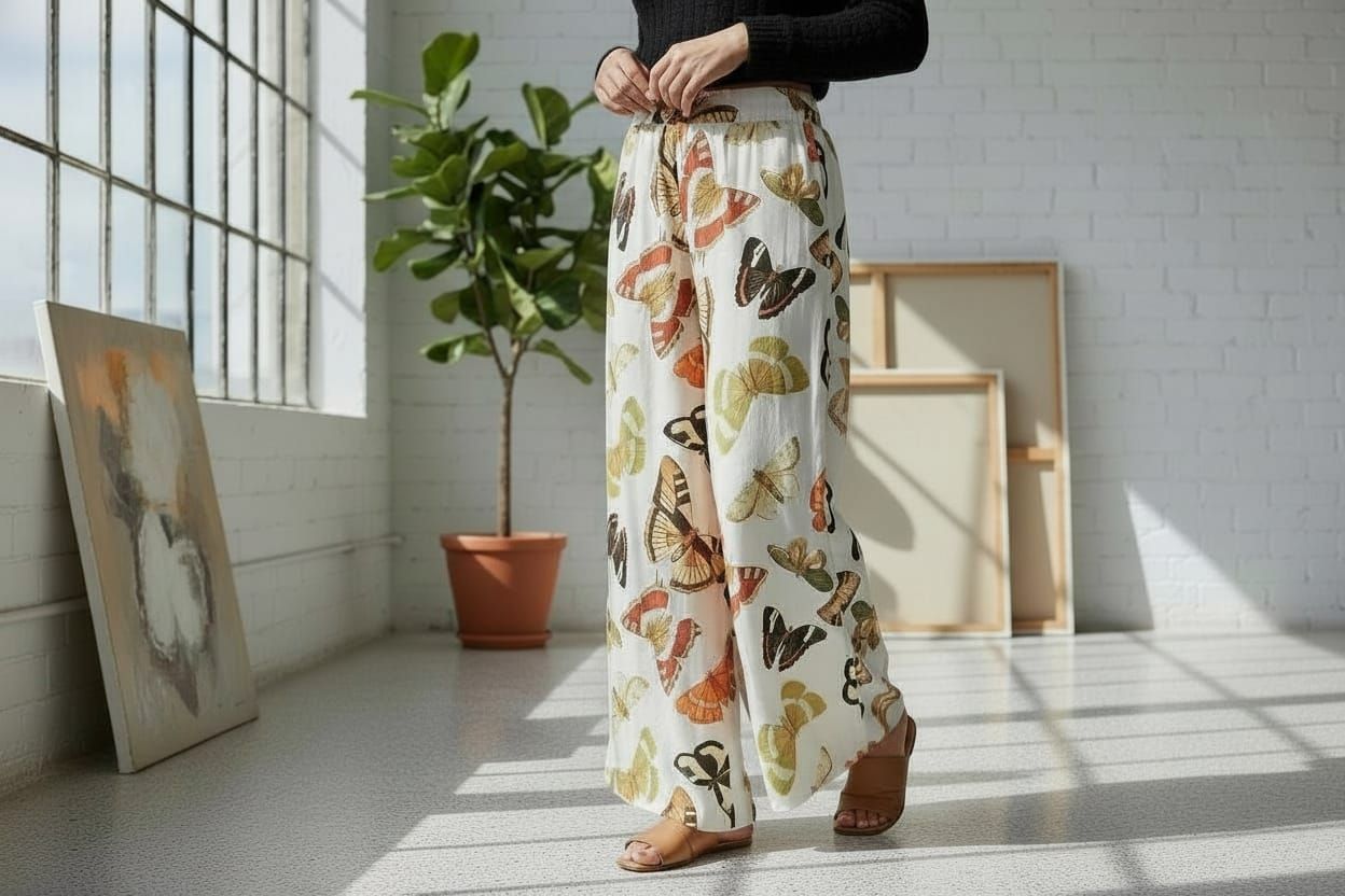 Una persona con pantalones anchos estampados de flores está de pie en un estudio luminoso cerca de una planta en maceta y un lienzo artístico apoyado.