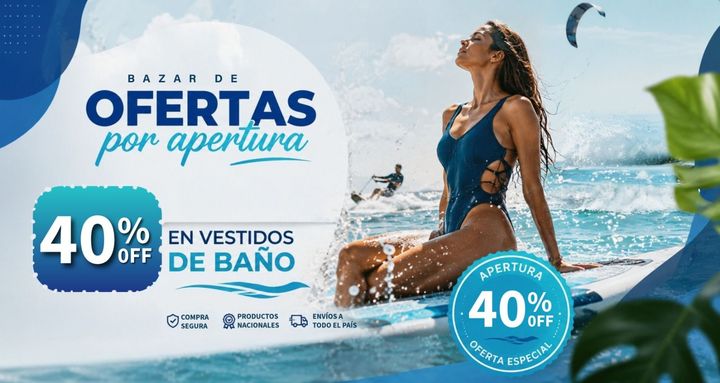 Oferta de 40% en vestidos de baño; mujer en la playa con tabla de surf en estilo promocional.