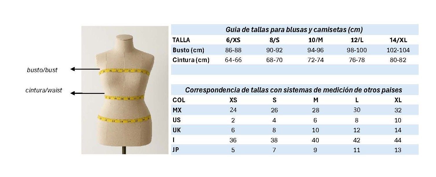 Diagrama del torso con líneas de medición amarillas y una tabla de tallas corporales a la derecha.