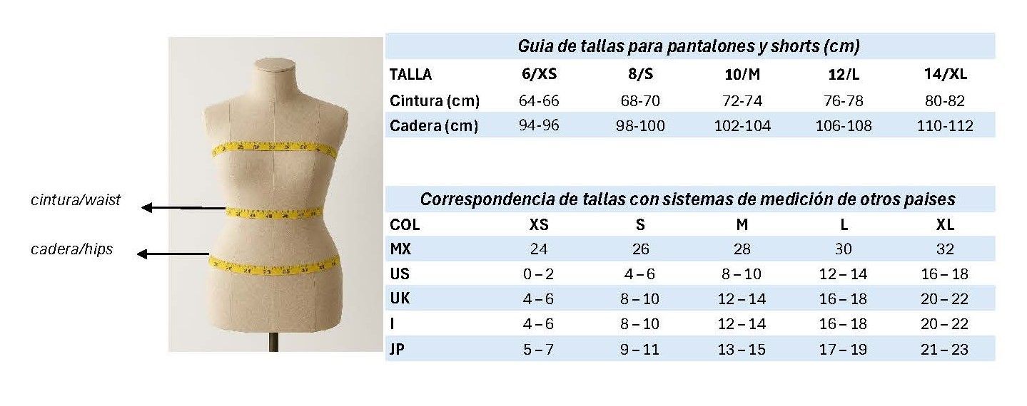 Maniqu&iacute; con cinta m&eacute;trica amarilla y tabla de tallas al lado.