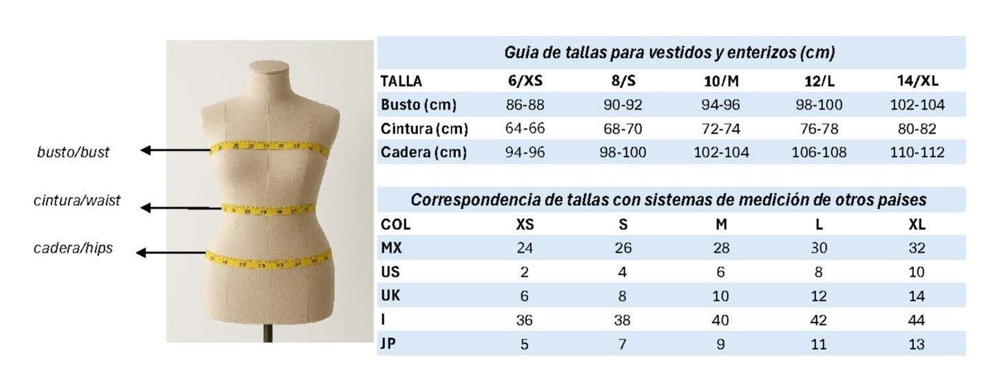 Maniqu&iacute; con gu&iacute;as de medici&oacute;n junto a una tabla de tallas y una tabla de medidas.