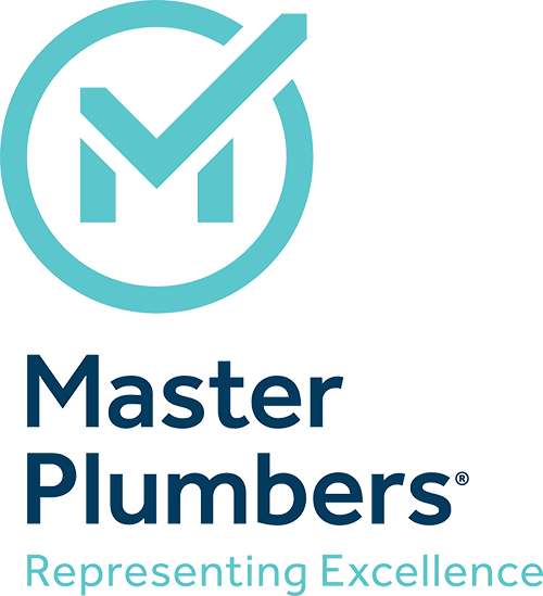 Logo for Master Plumbers: Teal check mark and letter M within a circle, text