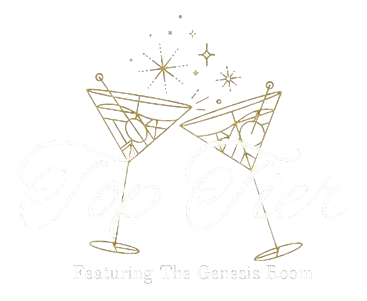 A drawing of two martini glasses with stars coming out of them.