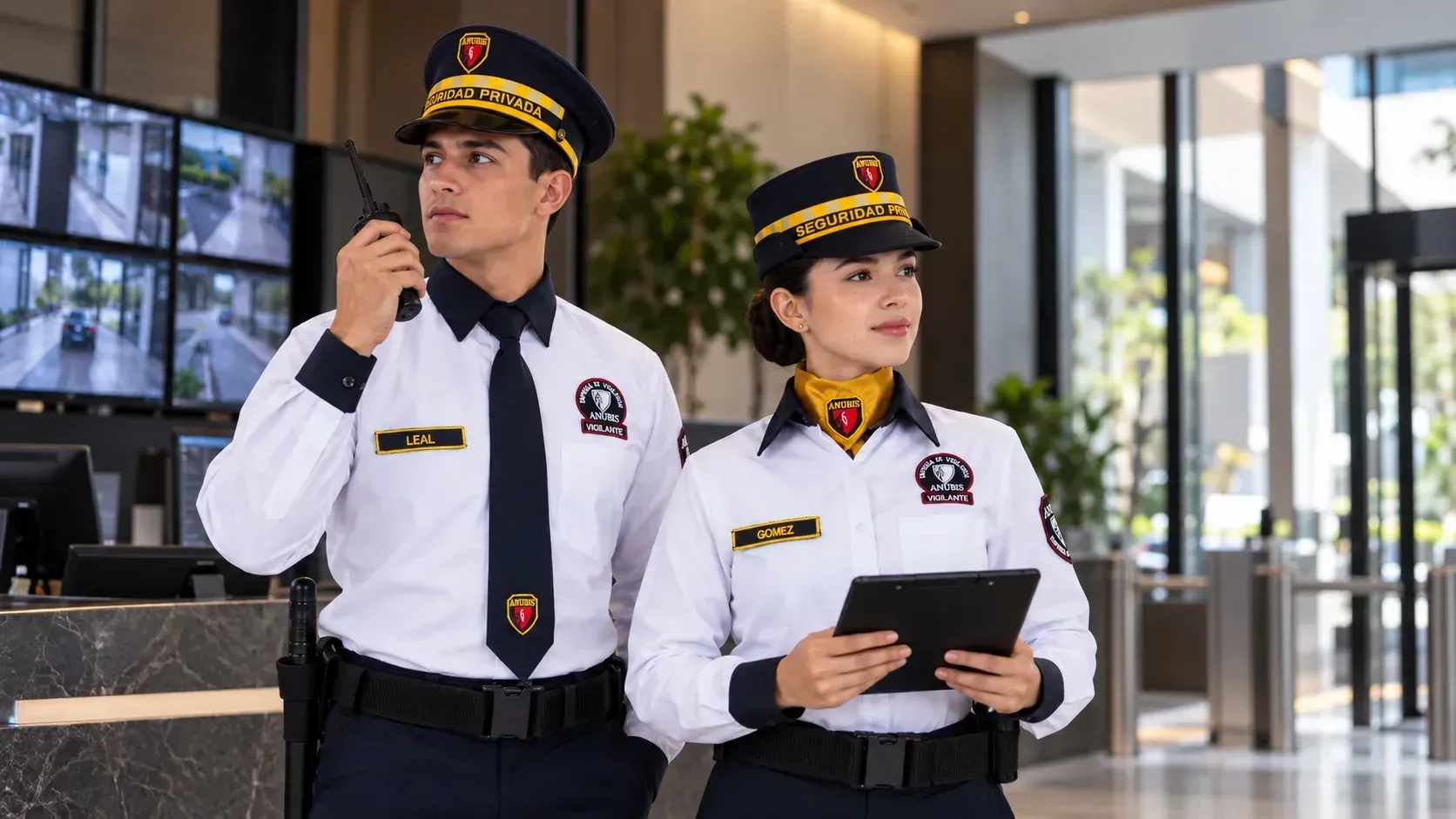 Guarda de seguridad y sistema de videovigilancia representando la integración de seguridad física y electrónica