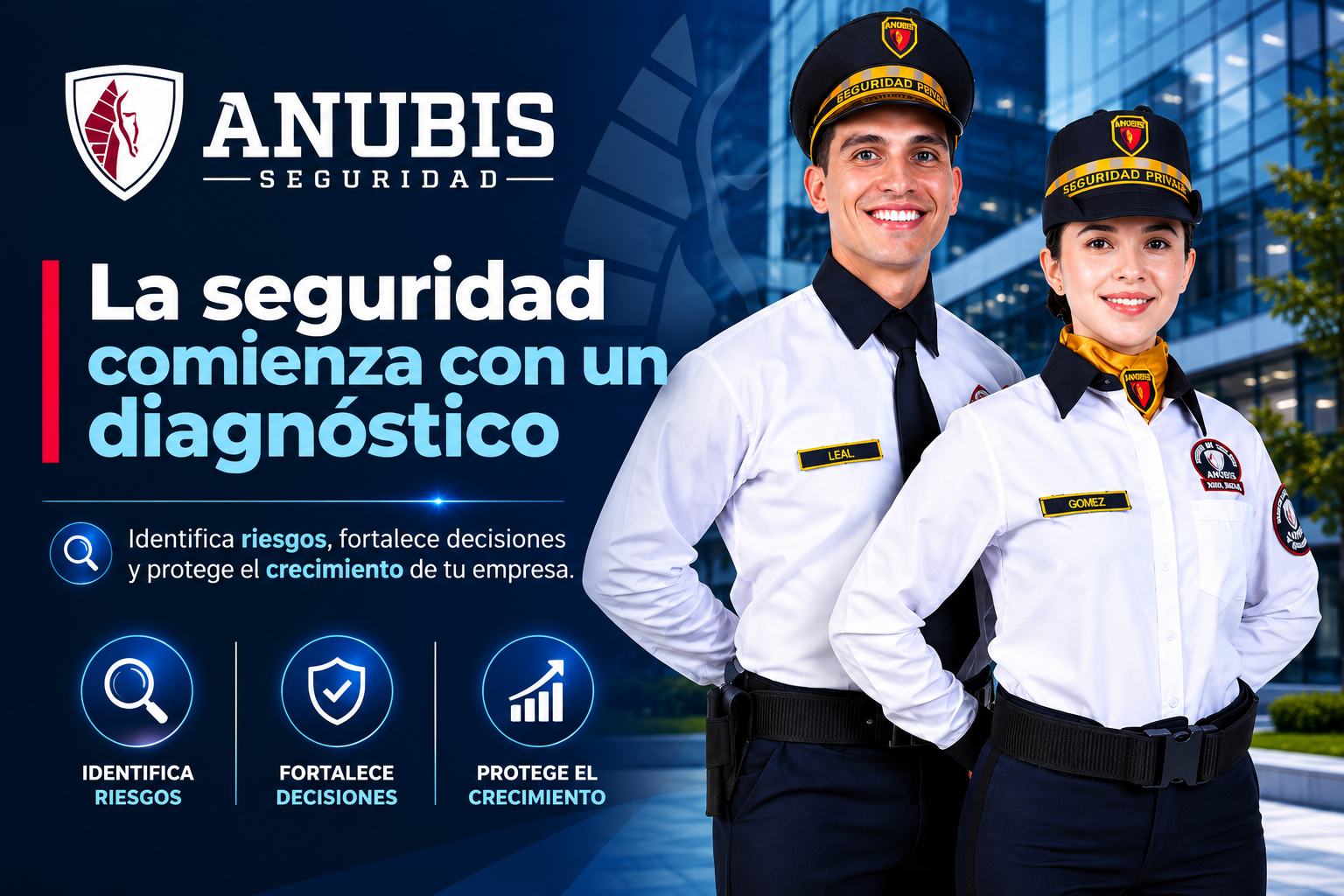 Banner corporativo de ANUBIS Seguridad con guardias profesionales y mensaje sobre diagnóstico