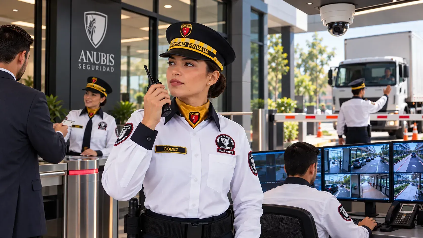 Personal de Anubis Seguridad realizando control de accesos, vigilancia empresarial y monitoreo de cámaras de seguridad.