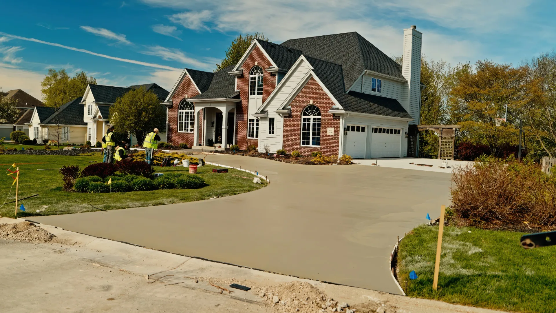 Suburban house with brick and stone facade, curved driveway, and landscaped front yard under a blue sky