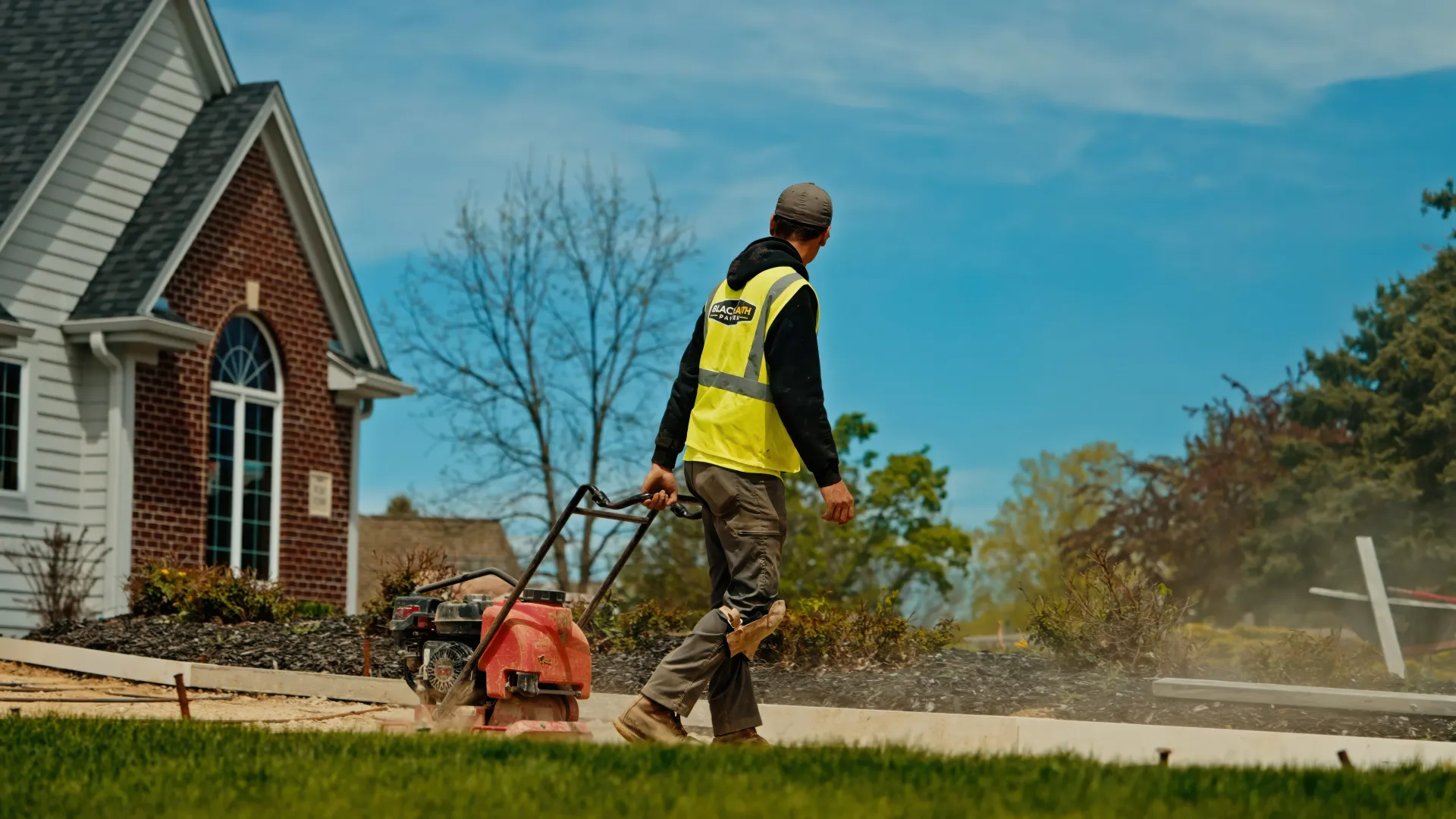 Landscaper in yellow vest using a string trimmer beside a house, spraying grass clippings.