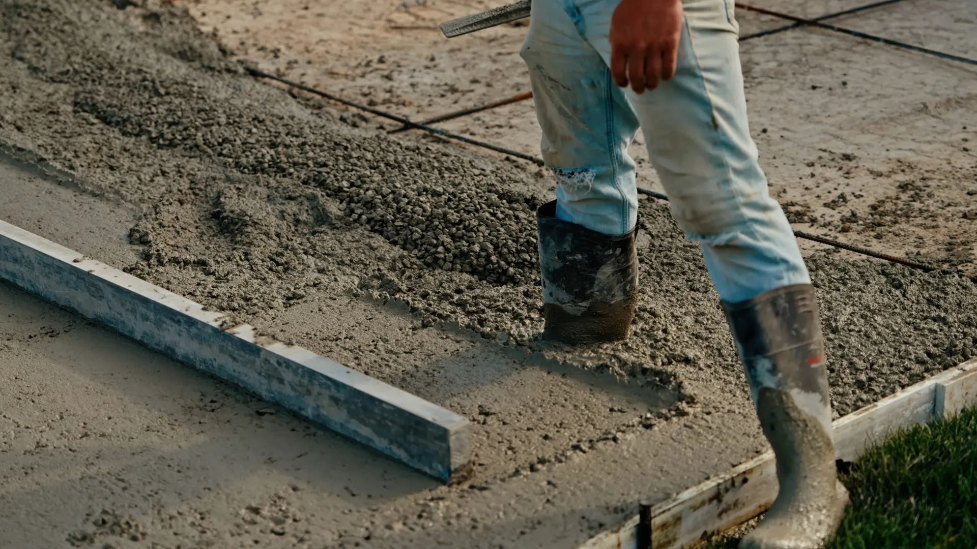 Worker spreading concrete on a sidewalk slab with a metal screed and boots visible