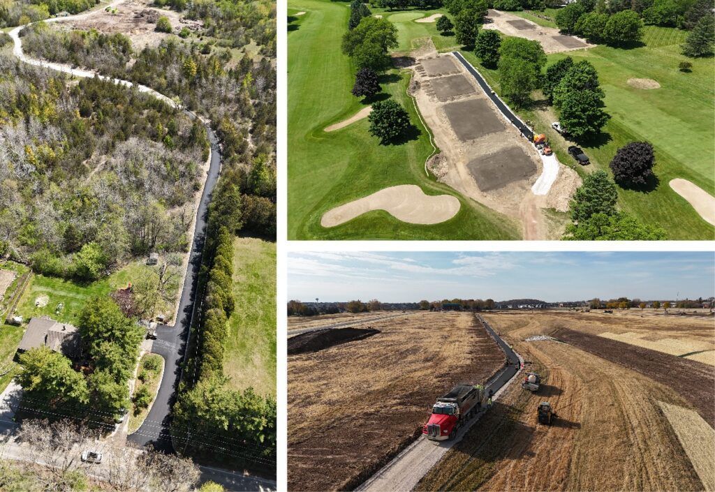 Aerial views of a farm field, a rectangular pond, and a red tractor working rows in a dry landscape