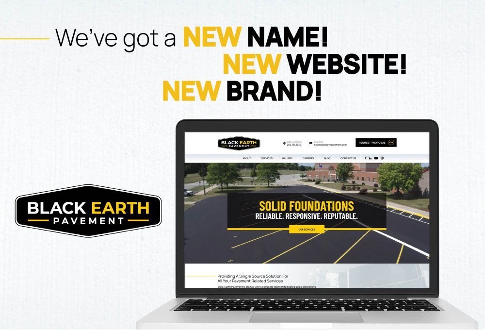 Black Earth Pavement promo announcing new name, new website, and new brand on a laptop screenshot