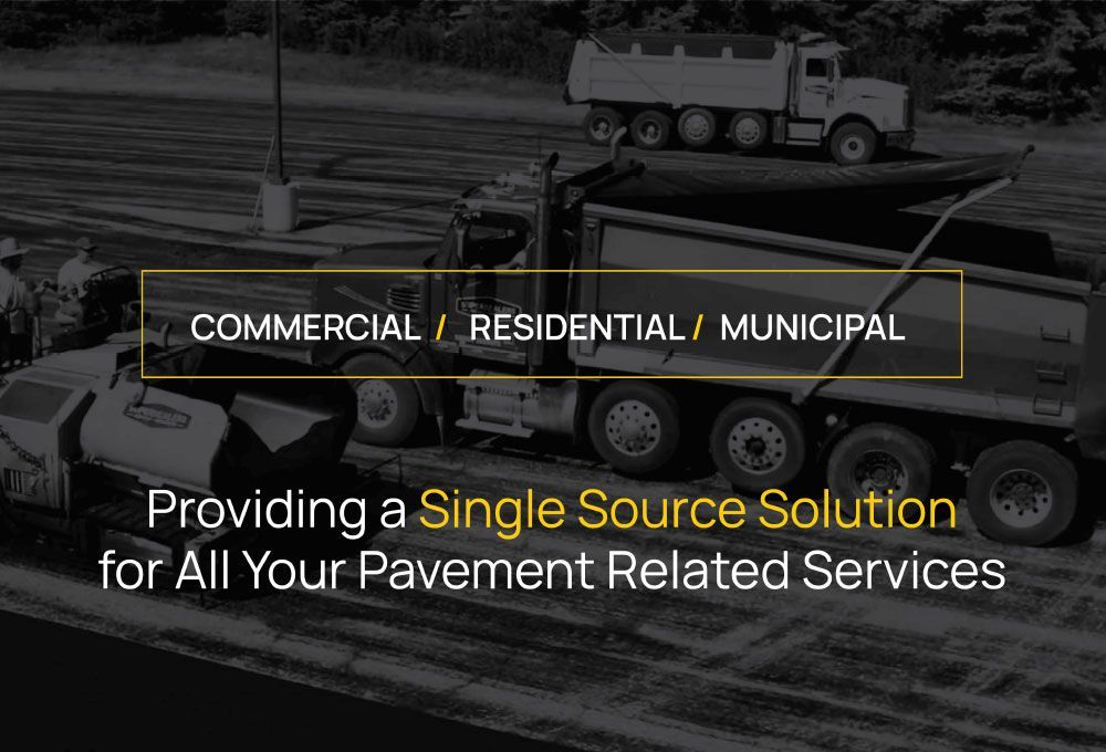 Construction trucks paving a road, with text about commercial, residential, and municipal pavement services