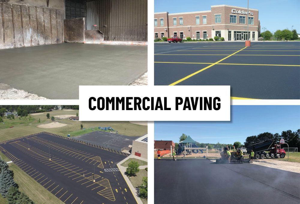 Commercial paving collage showing asphalt parking lots and blacktop paving projects with a storefront and industrial site