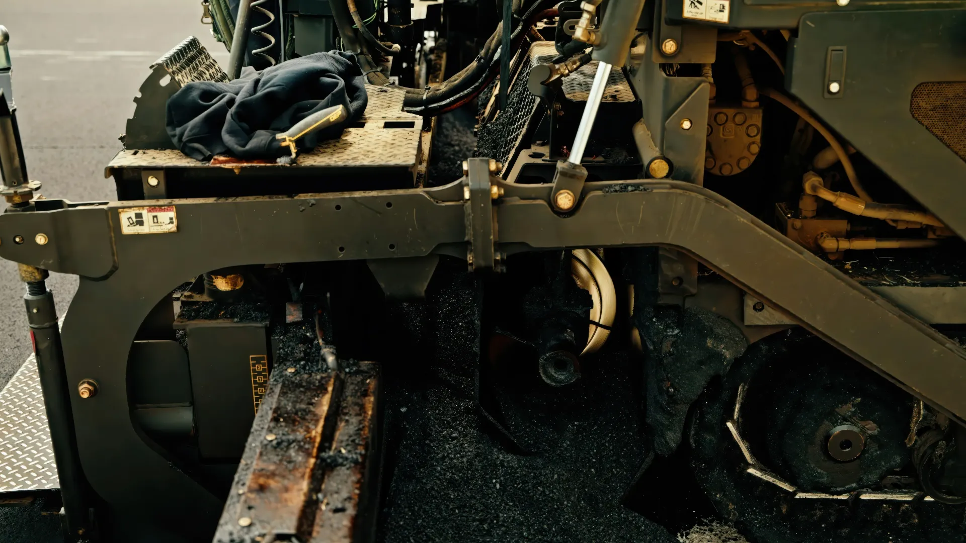 Black paving company dump truck parked outdoors with the driver visible inside the cab.